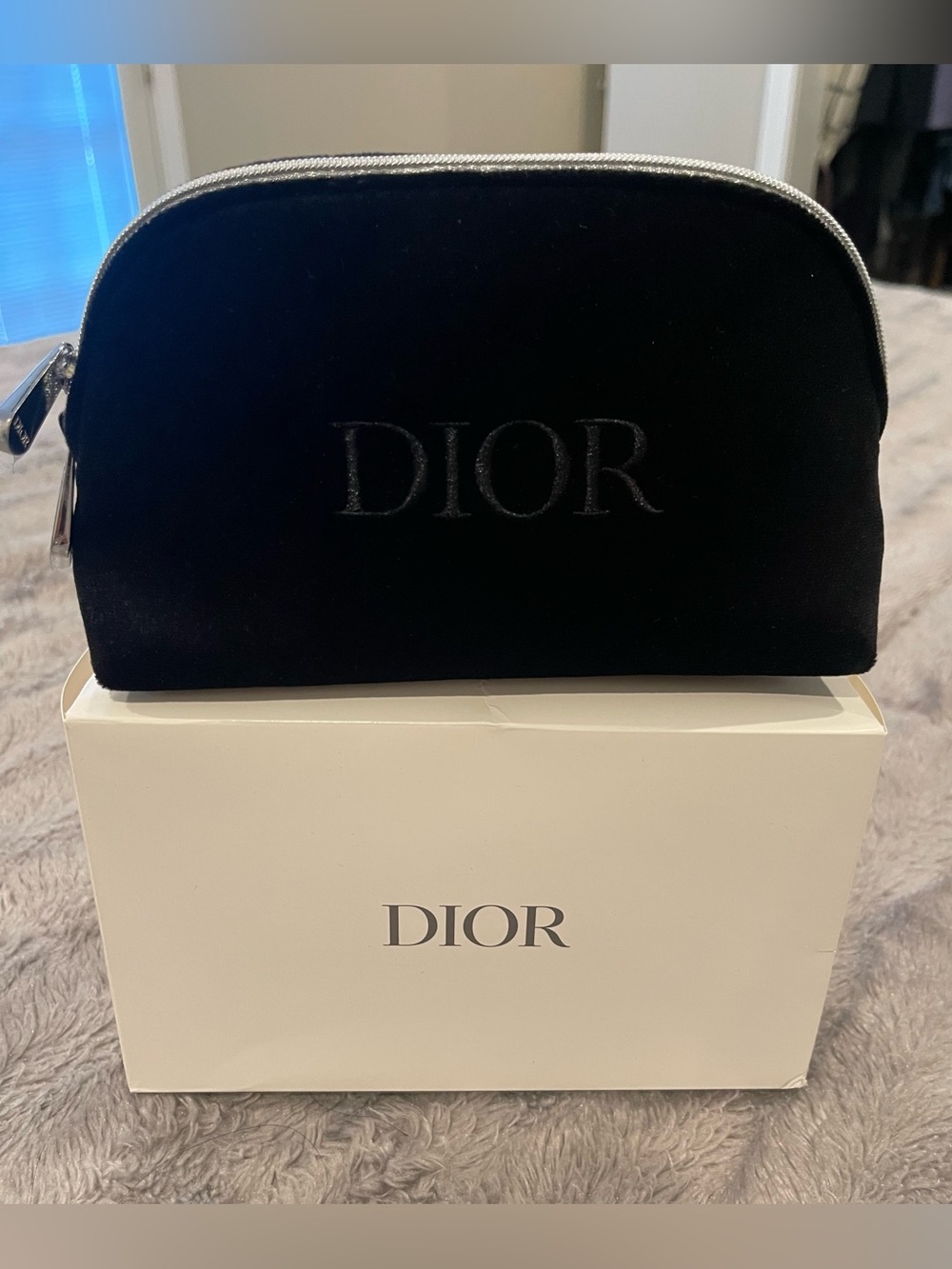 Dior Black Velvet Embroidered Logo Pouch with Silver Trim